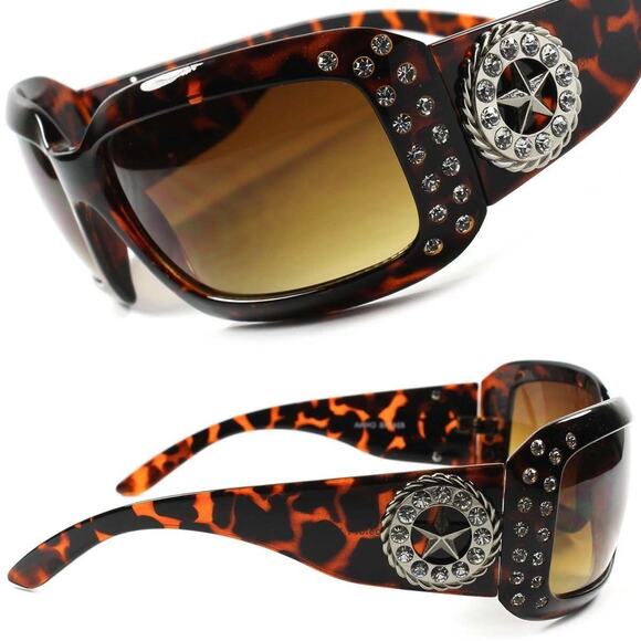 Gorgeous Cowgirl Bling Star Rhinestone Womens Tortoise Oversized Sunglasses - Picture 1 of 4